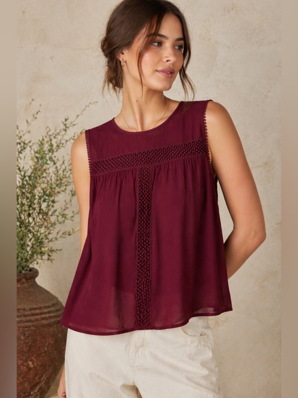 Anthropologie indi & cold Burgundy Sheer Blouse Size L | Boho Sleeveless Top
